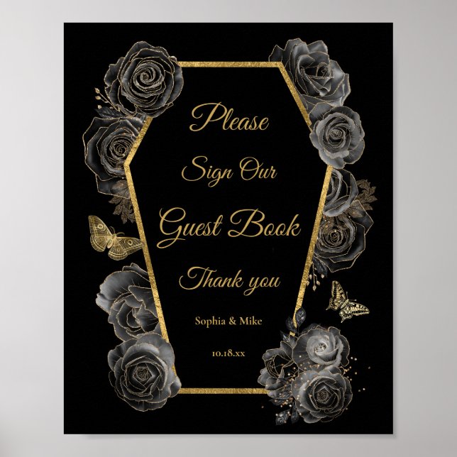 Gotiska rosor kista bröllopsgästbok bordsskylt poster (Framsidan)