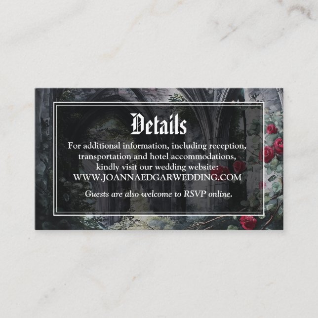 Gotiska ruiner rosor blommande bröllopsdetaljer tilläggskort (Framsida)