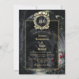 Gotiska ruiner rosor monogram allt i ett bröllop inbjudningar