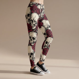 Gotiska Skalle Röda Ros Halloween Leggings Yoga By