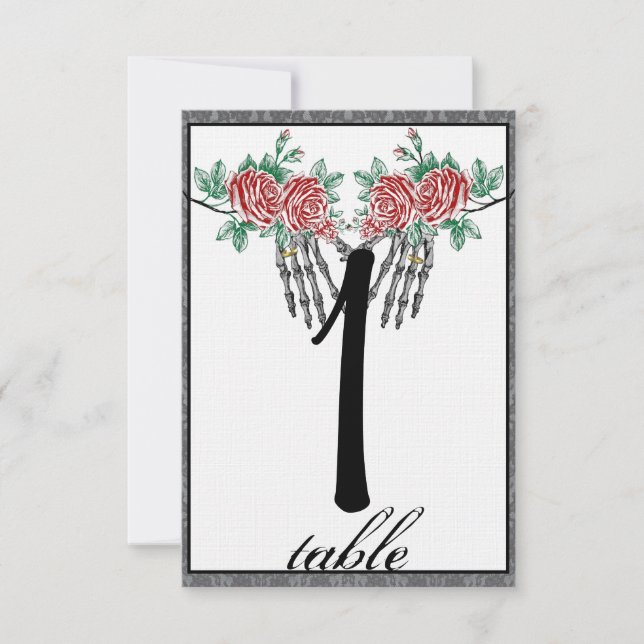 Gotiska skelett hand rosor bröllops bordskortnumme inbjudningar (Framsida)