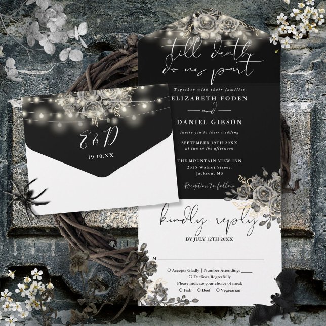 Gotiska strängljus i guld och vitt för bröllop (Gothic Gold And White Floral String Lights Wedding All In One Invitation)