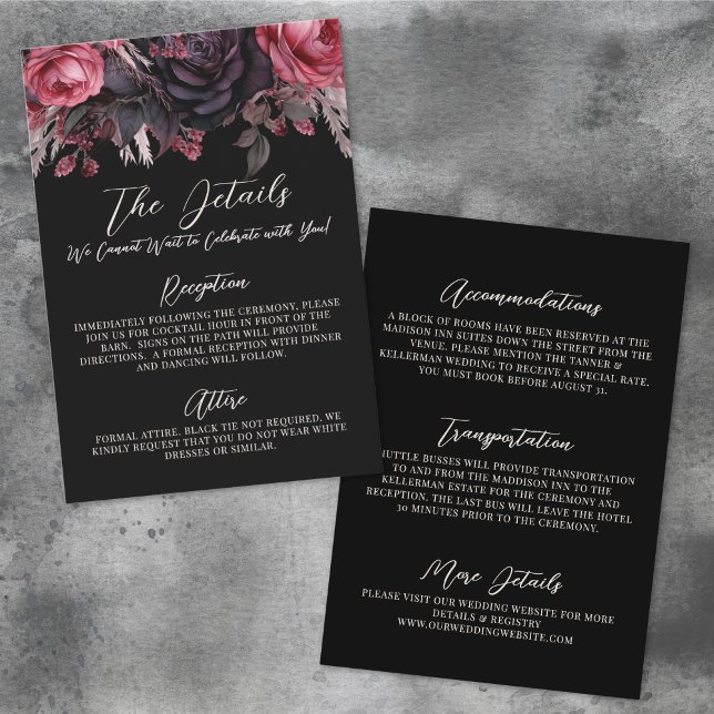 Gotiska svarta blomsterbröllopsdetaljer Boende Tilläggskort (Gothic Black Floral Wedding Details Accommodations Enclosure Card )