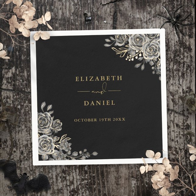 Gotiska svarta och gyllene rosor blommande bröllop pappersservett (Gothic Black And Gold Roses Floral Wedding Napkins)