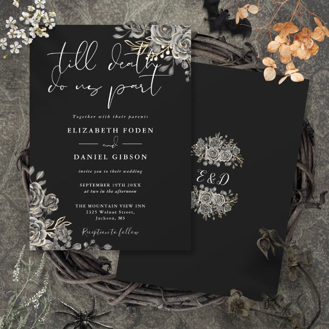 Gotiska svarta och vita rosor Blommig bröllopsfest Inbjudningar (Gothic Black And White Roses Floral Wedding Invitation)