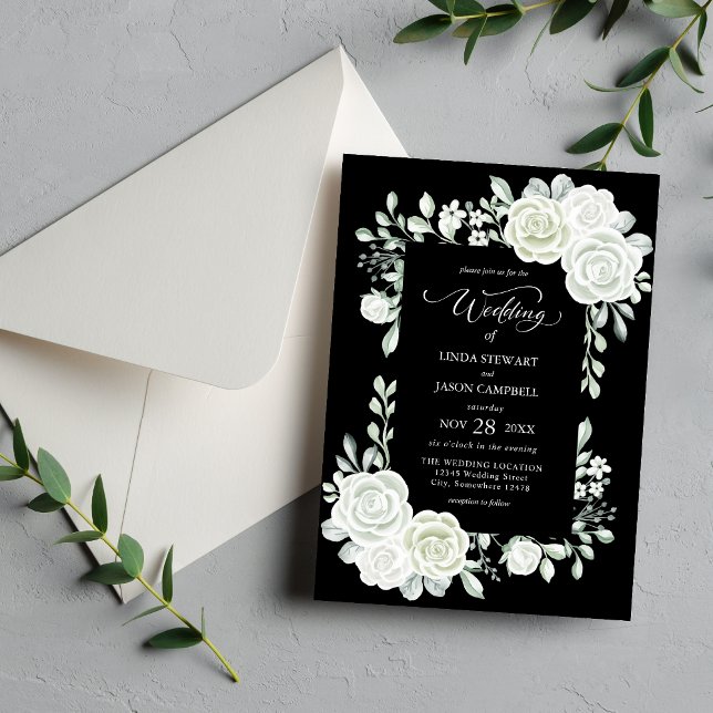 Gotiska svarta och vita tropiska rosor bröllop inbjudningar (Gothic black and white tropical roses invitation sets a bold, dramatic wedding tone.)