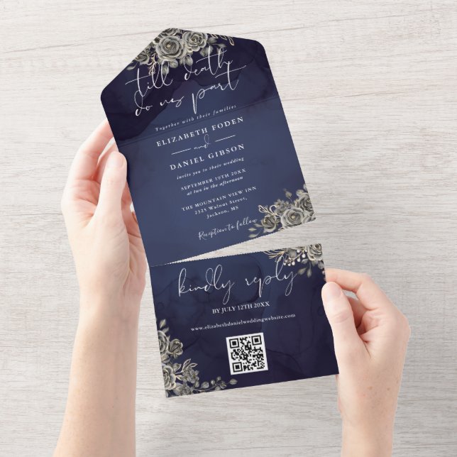 Gotiskt blomstermönster i marinblått QR-kod bröllo (Tearaway)