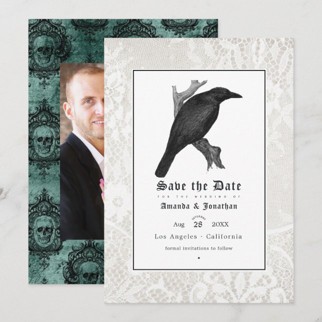Gotiskt bröllopsfoto med dödskalle och spets spara datumet (Fram/baksida)