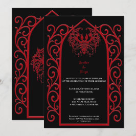 Gotiskt bröllopsinbjudande med utsmyckad röd ram inbjudningar