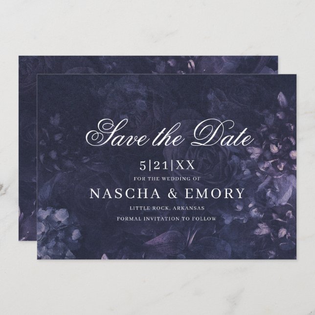 Gotiskt elegant mörklila blommig boho bröllop spara datumet (Fram/baksida)