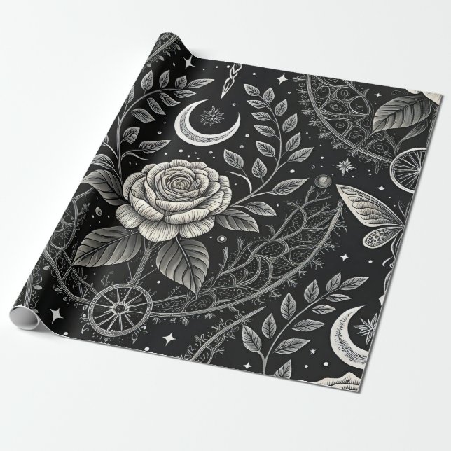 Gotiskt fjärilblommigt mönster (4) presentpapper (Utrullad)