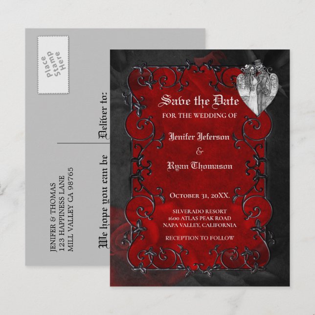 Gotiskt halloween bröllop save the date vykort (Fram/baksida)