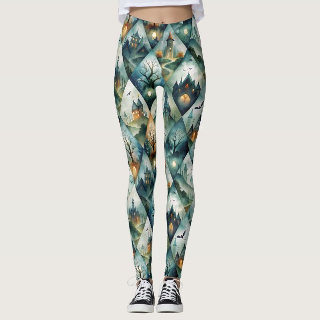 Gotiskt Halloween Slott Mönster Leggings (Framsida)