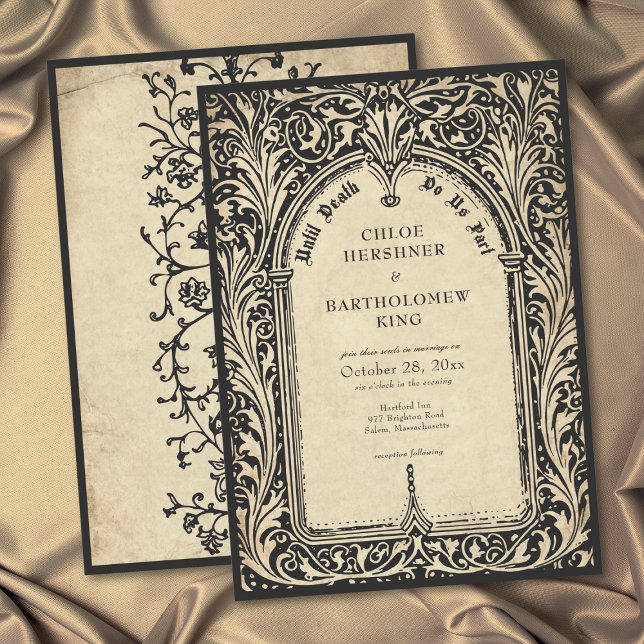 Gotiskt Pergament Medeltida Tills Döden Bröllop Inbjudningar (Gothic Parchment Medieval Until Death Wedding Invitation)