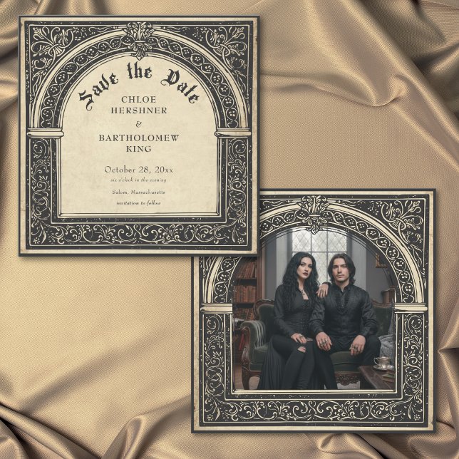 Gotiskt Pergament Medeltida Tills Döden Foto Spara Datumet (Gothic Parchment Medieval Until Death Photo Wedding Save the Date Card)