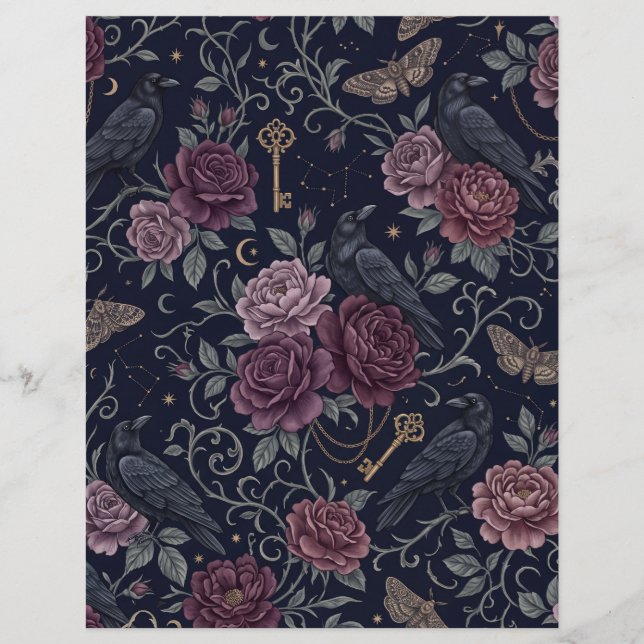 Gotiskt Ravens & Burgundy Rosor Scrapbook Papper (Framsida)