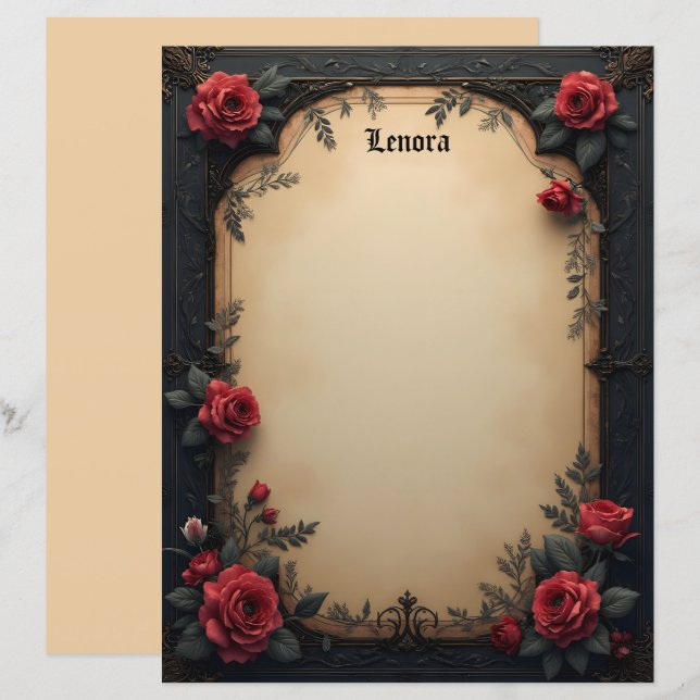 Gotiskt rött rosor brevpapper (Fram/baksida)