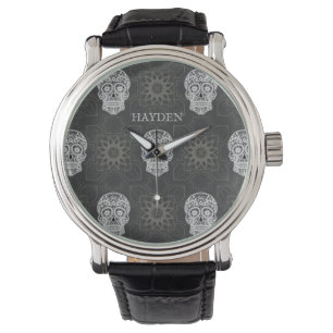 gotiskt socker Skull och Grått Geometric Mönster Armbandsur