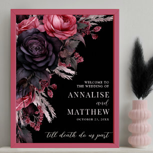 Gotiskt svart blomsterbröllop välkomstskylt poster