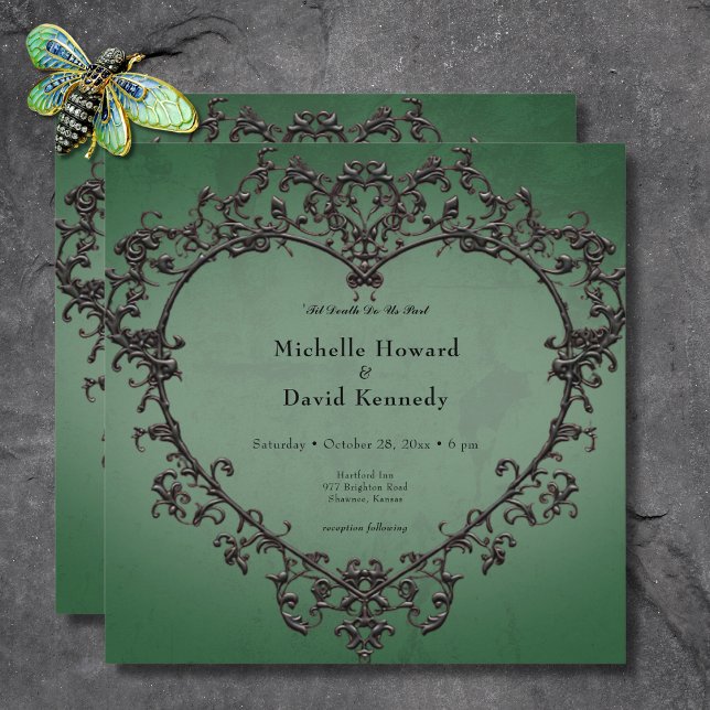 Gotiskt svart & grönt filigran hjärta bröllop inbjudningar (Gothic Black & Green Filigree Heart Wedding Invitation)