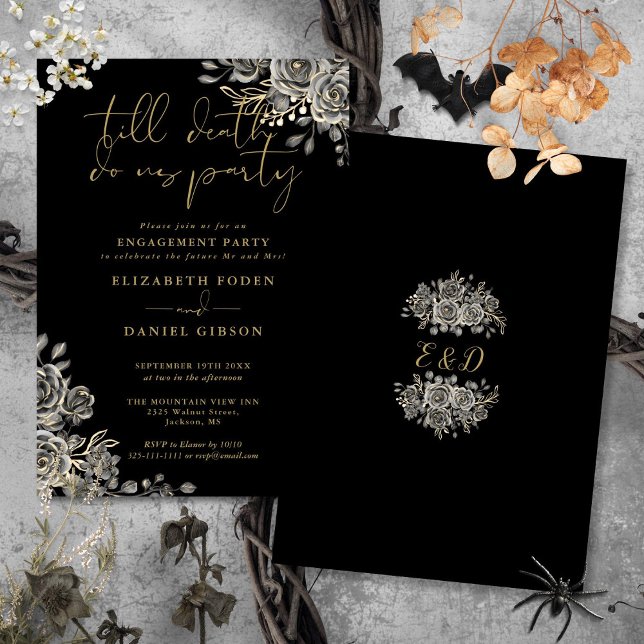 Gotiskt svart och guld-engagemangsfest inbjudningar (Gothic Black And Gold Photo Engagement Party Invitation)