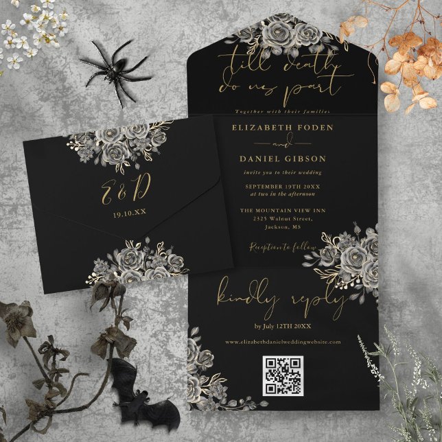 Gotiskt svart och guld ros QR-kod bröllop (Gothic Black And Gold Roses QR Code Wedding All In One Invitation)