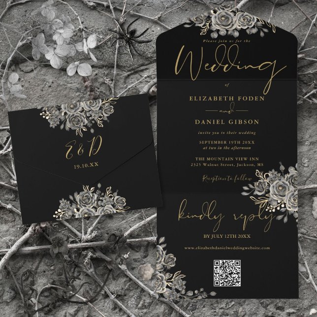 Gotiskt svart och guld rosor QR-kod bröllop (Gothic Black And Gold Roses QR Code Wedding All In One Invitation)