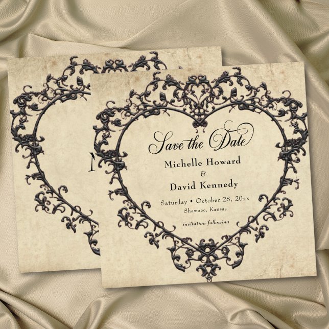 Gotiskt svart solbränt pergament filigran hjärta b spara datumet (Gothic Black Tan Parchment Filigree Heart Wedding Save The Date)
