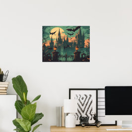 Gotiskt vampyrslott under fullmånen poster