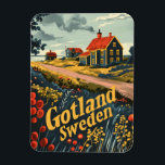 Gotland Sveriges reseort Magnet<br><div class="desc">En fängslande vintage som skildrar Gotland, Sverigens största ö i Östersjön, känd för sin medeltida arkitektur, sina landskap och sitt kulturarv. Konstruktionen är utmärkande för Gotlands ideella medeltida stadsmurar, den typiska landskapet med vindkraftverk och gårdar, och serene kusten med historiska fiskesamhällen. I ett nostalgiskt stil ger konstverket upphov till öns...</div>