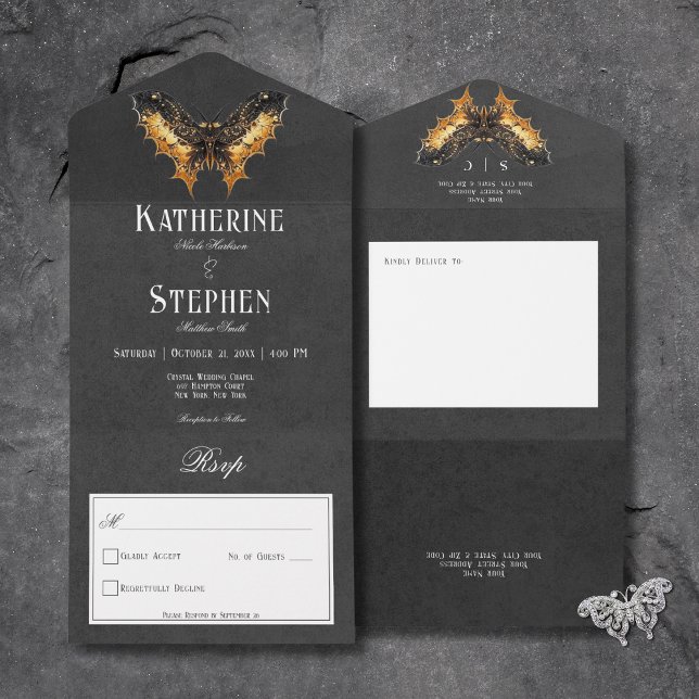 Gotsvart och Guld,  Moody, ingen middag (Gothic Black & Gold Moth Moody All In One Wedding Invitation without Dinner Options)