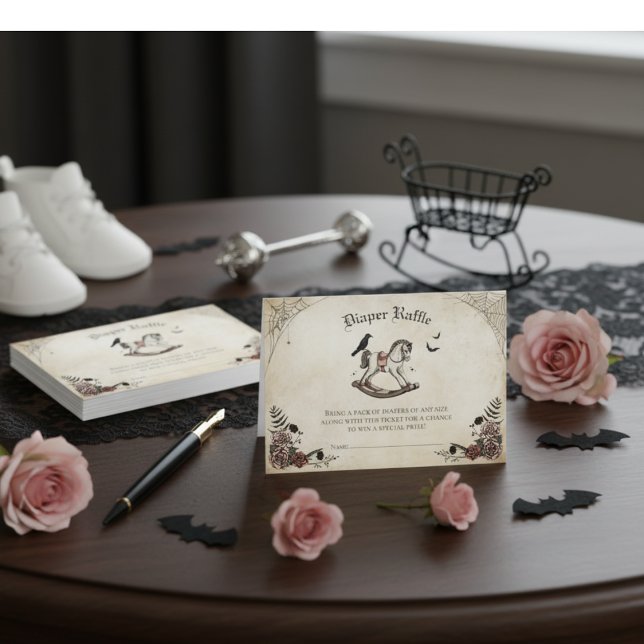 Gott babyskuvar - kort för fickhylsa (Elegant Gothic Halloween Girl Baby Shower Diaper Raffle Enclosure Card. Vintage Rocking Horse, Roses)