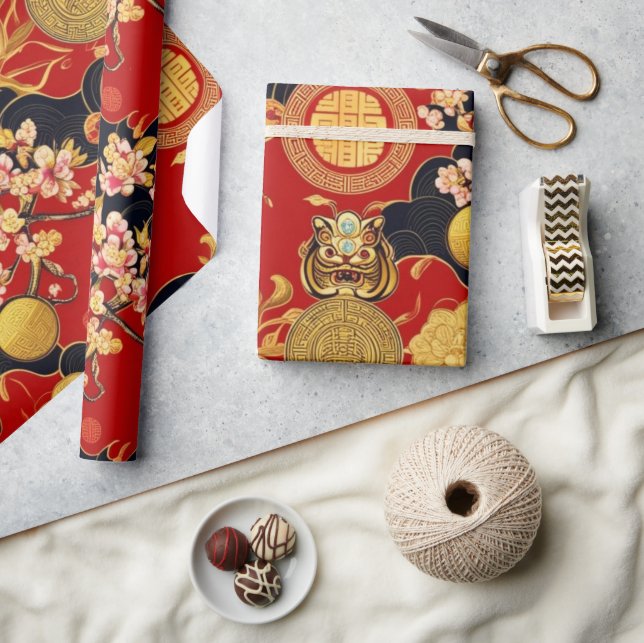 Gott kinesiskt nyår modern asiatisk mönster presentpapper (Hantverk)