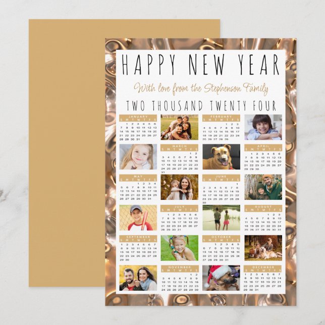 Gott nytt år 12 Foton 2024 Kalender Guld Julkort (Fram/baksida)