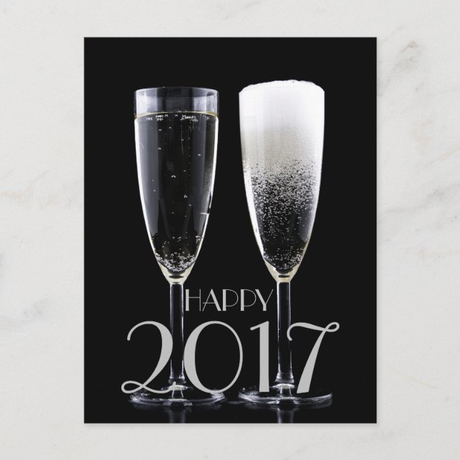 Gott nytt år 2017 Black White Champagne Flute Helg Vykort (Framsida)