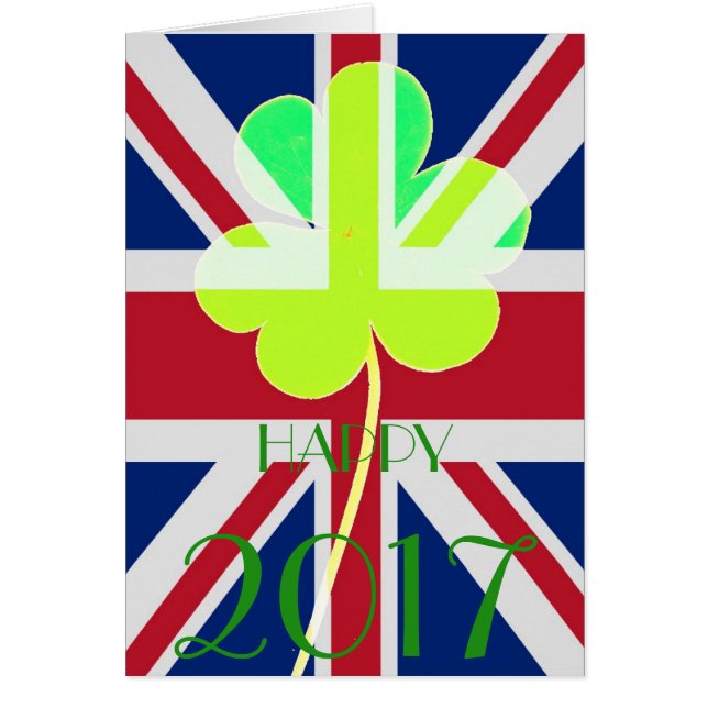 Gott nytt år 2017 Irish Shamrock UK Flagga Funny Hälsningskort (Framsidan)