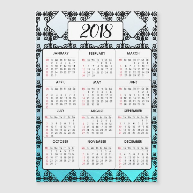 Gott nytt år 2018 Aqua Blue Magnetic Calendar (Framsida)