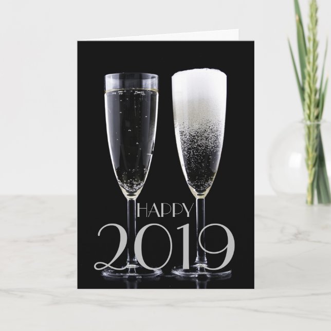 Gott nytt år 2019 Black White Champagne Flute Helgkort (Framsida)