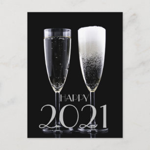 Gott nytt år 2021 Black White Champagne Flute Helg Vykort