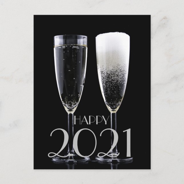 Gott nytt år 2021 Black White Champagne Flute Helg Vykort (Framsida)