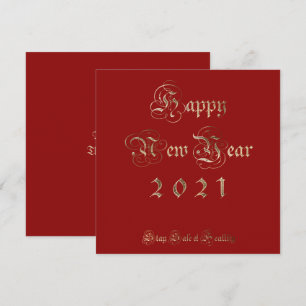 gott nytt år 2021 Elegant Red and Guld Script Julkort