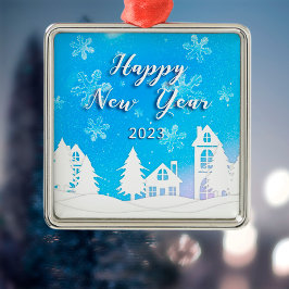 Gott nytt år 2023 Blue White House Snö Julgransprydnad Metall