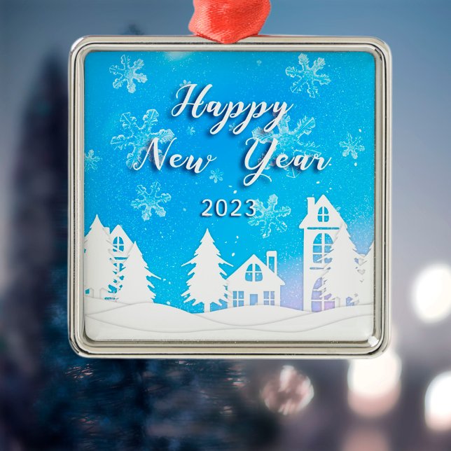 Gott nytt år 2023 Blue White House Snö Julgransprydnad Metall (Skapare uppladdad)