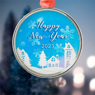 Gott nytt år 2023 Blue White House Snö Julgransprydnad Metall