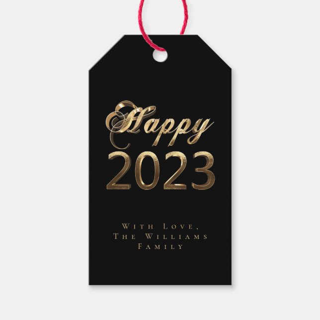 Gott nytt år 2023 Chic Script Black and Guld Presentetikett (Framsidan)