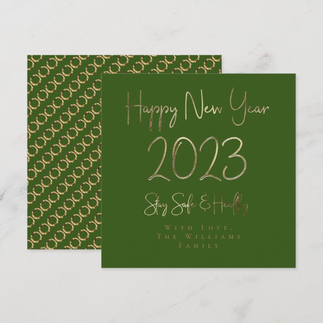 Gott nytt år 2023 Elegant Guld Script Grönt Julkort (Fram/baksida)