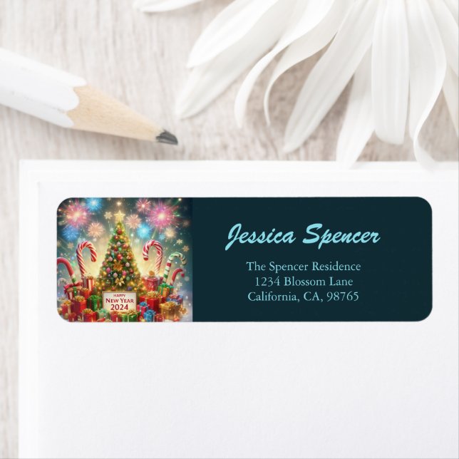 Gott nytt år 2024 Fireworks Julgran Returadress Etikett (Insitu)