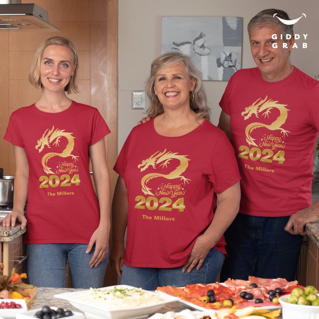 Gott nytt år 2024 Golden China Dragon Red T Shirt (Skapare uppladdad)