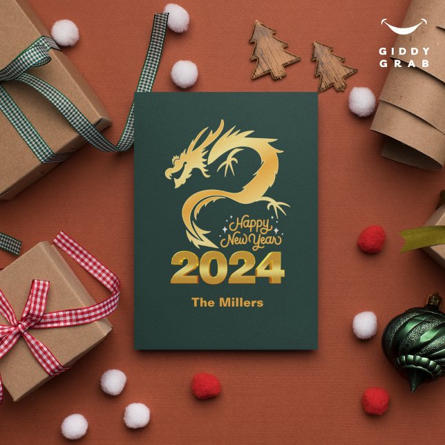 Gott nytt år 2024 Golden Chinese Dragon Grönt Inbjudningar (Skapare uppladdad)