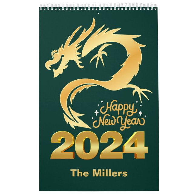 Gott nytt år 2024 Golden Chinese Dragon Grönt Kalender (Omslag)